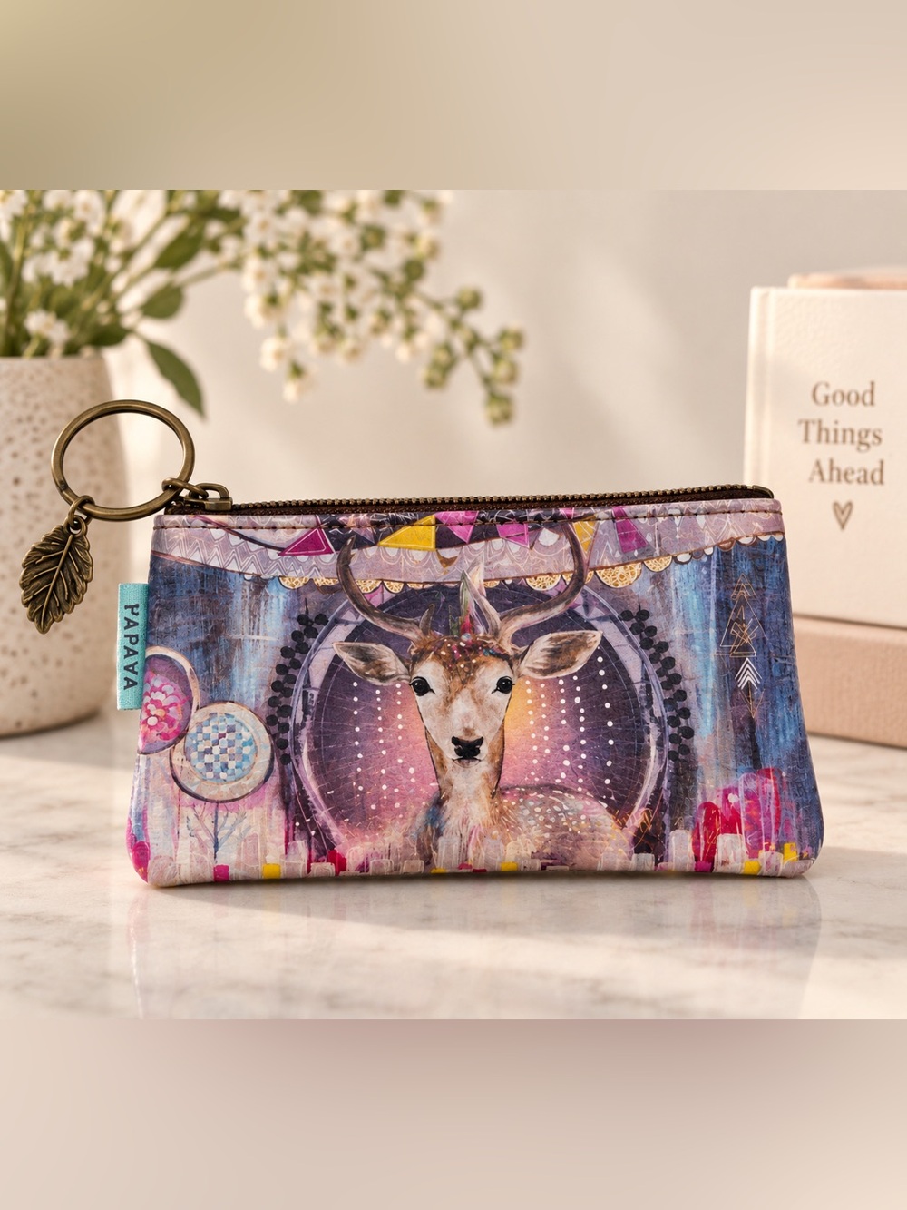 Papaya Art Deer Stag Coin Purse‎ Keychain Pouch